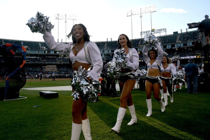 Sep 9, 2019; Oakland, CA, USA; Oakland Raiders Raiderette cheerleaders acknowledge the crowd during the game against the Oakland Raiders at Oakland Coliseum. Mandatory Credit: Kirby Lee-USA TODAY Sports