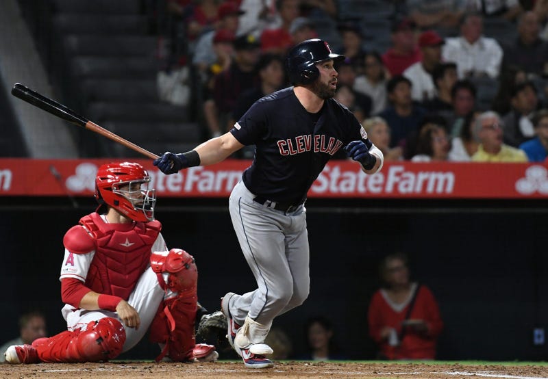Sep 9, 2019; Anaheim, CA, USA; Cleveland Indians second baseman Jason Kipnis (22) hits a two run home run against the Los Angeles Angels in the second inning at Angel Stadium of Anaheim. Mandatory Credit: Richard Mackson-USA TODAY Sports