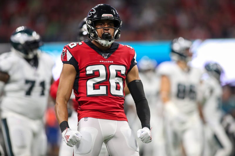 Sep 15, 2019; Atlanta, GA, USA; Atlanta Falcons cornerback Isaiah Oliver (26) celebrates after a tackle against the Philadelphia Eagles in the first quarter at Mercedes-Benz Stadium. Mandatory Credit: Brett Davis-USA TODAY Sports