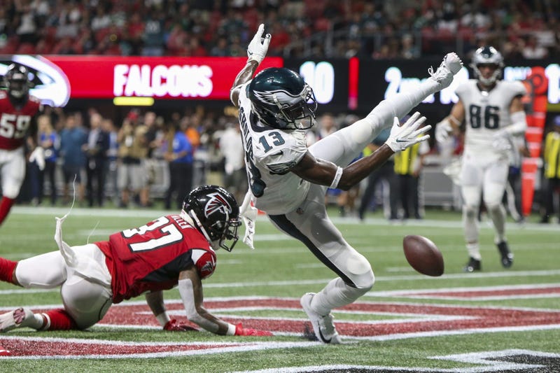 Philadelphia Eagles wide receiver Nelson Agholor (13) has a catch broken up by Atlanta Falcons free safety Ricardo Allen (37) in the second quarter at Mercedes-Benz Stadium. 