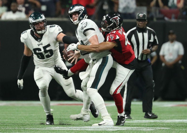 Atlanta Falcons linebacker Vic Beasley (44) sacks Philadelphia Eagles quarterback Carson Wentz (11).
