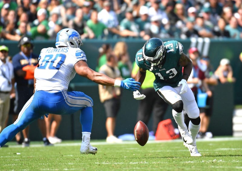 Philadelphia Eagles wide receiver Nelson Agholor (13) fumbles the football during the second quarter against the Detroit Lions at Lincoln Financial Field.