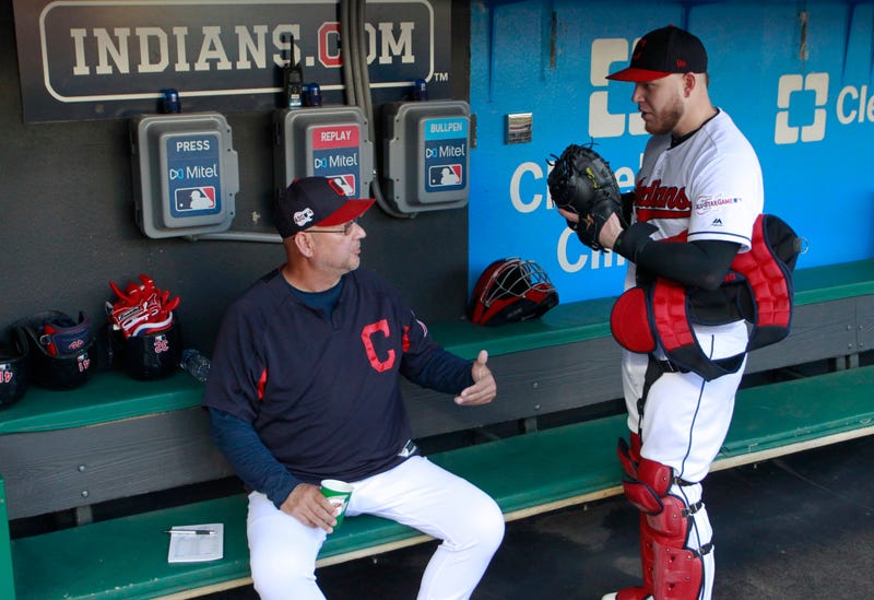 Sep 22, 2019; Cleveland, OH, USA; Cleveland Indians manager Terry Francona (left) talks with catcher Roberto Perez (55) in the dugout before the game against the Philadelphia Phillies at Progressive Field. Mandatory Credit: Charles LeClaire-USA TODAY Spor