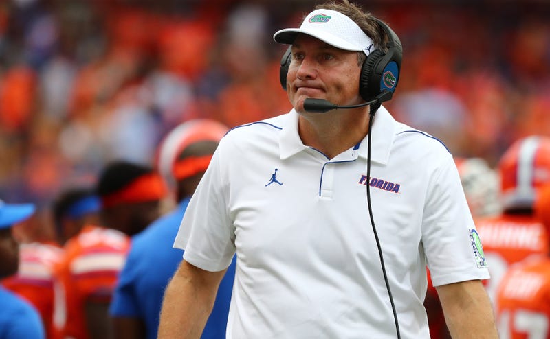 Florida Gators head coach Dan Mullen looks on against the Towson Tigers during the second quarter at Ben Hill Griffin Stadium.