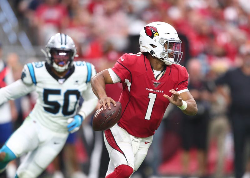 Sep 22, 2019; Glendale, AZ, USA; Arizona Cardinals quarterback Kyler Murray (1) against the Carolina Panthers at State Farm Stadium. Mandatory Credit: Mark J. Rebilas-USA TODAY Sports