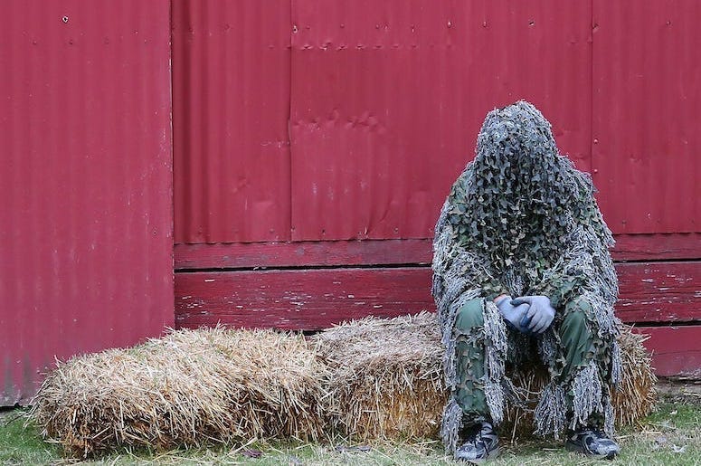 Ghillie Suit, Sitting, Barn, Hay Bale, Haunted Fairgrounds, 2019