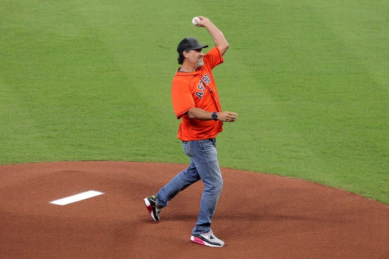 Houston Astros former player Lance Berkman throws out a ceremonial first pitch before game one of the 2019 ALDS playoff baseball series between the Houston Astros and the Tampa Bay Rays at Minute Maid Park.