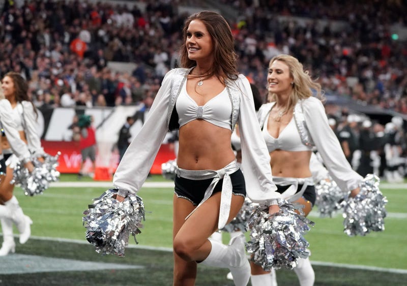 Oct 6, 2019; London, United Kingdom; Oakland Raiders raiderette cheerleaders perform during an NFL International Series game against the Chicago Bears at Tottenham Hotspur Stadium. Mandatory Credit: Kirby Lee-USA TODAY Sports