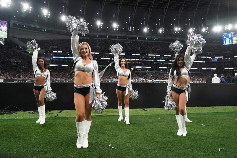 Oct 6, 2019; London, United Kingdom; Oakland Raiders raiderette cheerleaders perform during an NFL International Series game against the Chicago Bears at Tottenham Hotspur Stadium. Mandatory Credit: Kirby Lee-USA TODAY Sports