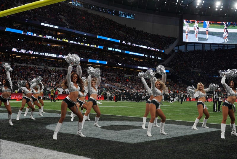 Oct 6, 2019; London, United Kingdom; Oakland Raiders raiderette cheerleaders perform during an NFL International Series game against the Chicago Bears at Tottenham Hotspur Stadium. Mandatory Credit: Kirby Lee-USA TODAY Sports