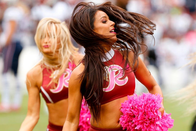 Oct 6, 2019; Landover, MD, USA; Washington Redskins cheerleaders dance on the field during a timeout against the New England Patriots in the third quarter at FedExField. Mandatory Credit: Geoff Burke-USA TODAY Sports