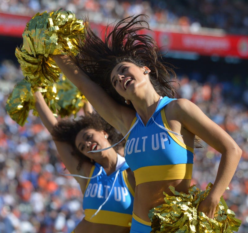 Oct 6, 2019; Carson, CA, USA; Los Angeles Chargers cheerleaders perform during the fourth quarter against the Denver Broncos at Dignity Health Sports Park. Mandatory Credit: Jake Roth-USA TODAY Sports
