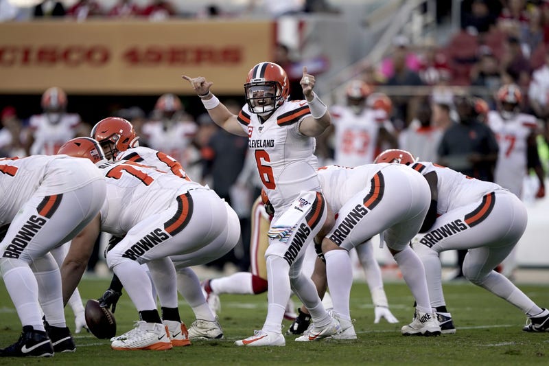 Oct 7, 2019; Santa Clara, CA, USA; Cleveland Browns quarterback Baker Mayfield (6) calls a play against the San Francisco 49ers in the first quarter at Levi's Stadium. Mandatory Credit: Cary Edmondson-USA TODAY Sports