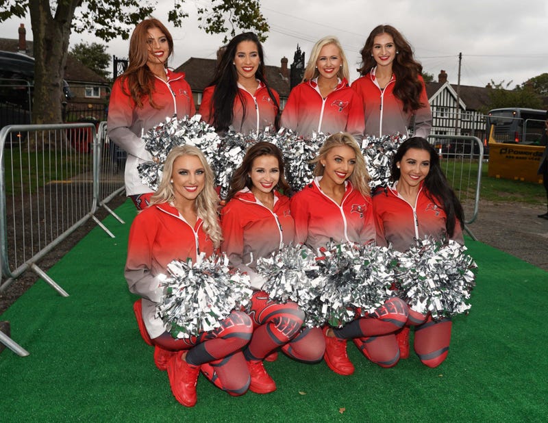 Oct 11, 2019; London, United Kingdom; Tampa Bay Buccaneers cheerleaders pose during practice at the Blackheath Rugby Club. Mandatory Credit: Kirby Lee-USA TODAY Sports