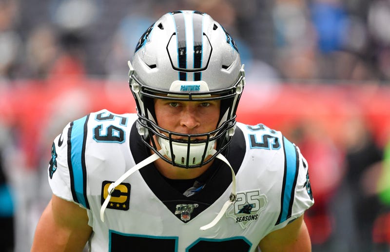 Oct 13, 2019; London, United Kingdom; Carolina Panthers middle linebacker Luke Kuechly (59) before an NFL International Series game against the Tampa Bay Buccaneers at Tottenham Hotspur Stadium. Mandatory Credit: Steve Flynn-USA TODAY Sports