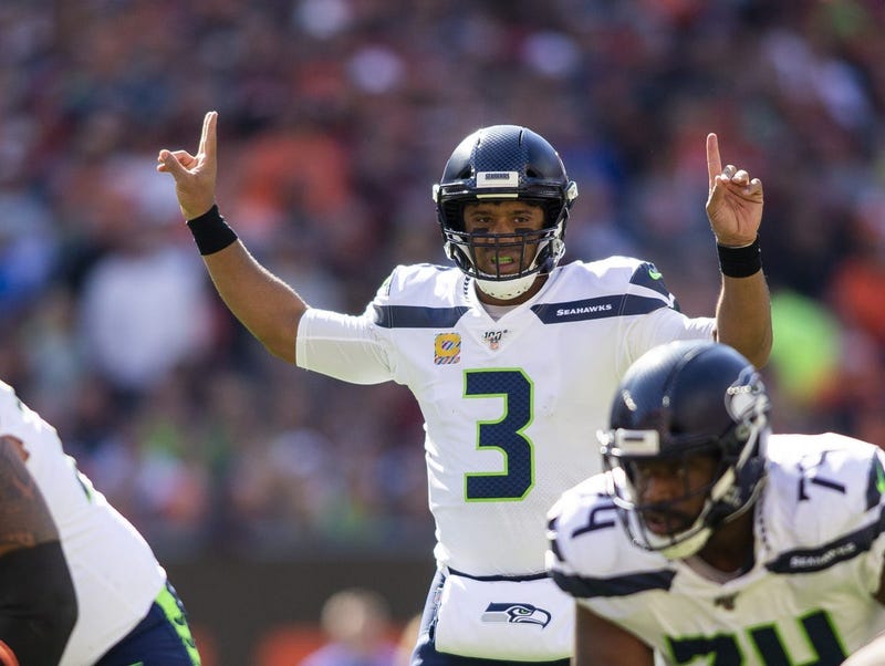 Oct 13, 2019; Cleveland, OH, USA; Seattle Seahawks quarterback Russell Wilson (3) signals from the backfield during the first quarter against the Cleveland Browns at FirstEnergy Stadium. Mandatory Credit: Scott R. Galvin-USA TODAY Sports