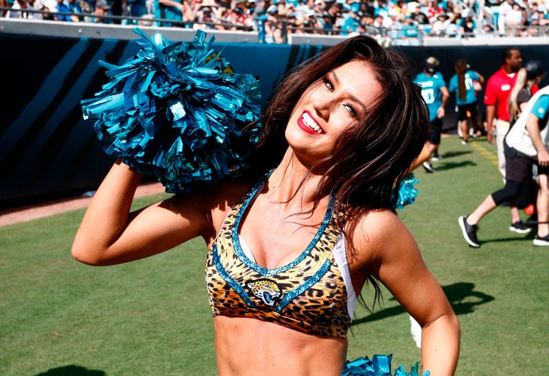 Oct 13, 2019; Jacksonville, FL, USA; A Jacksonville Jaguars cheerleader performs during the second half against the New Orleans Saints at TIAA Bank Field. Mandatory Credit: Reinhold Matay-USA TODAY Sports