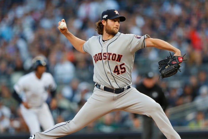 Houston Astros starting pitcher Gerrit Cole (45) throws against the New York Yankees during the second inning of game three of the 2019 ALCS playoff baseball series at Yankee Stadium.