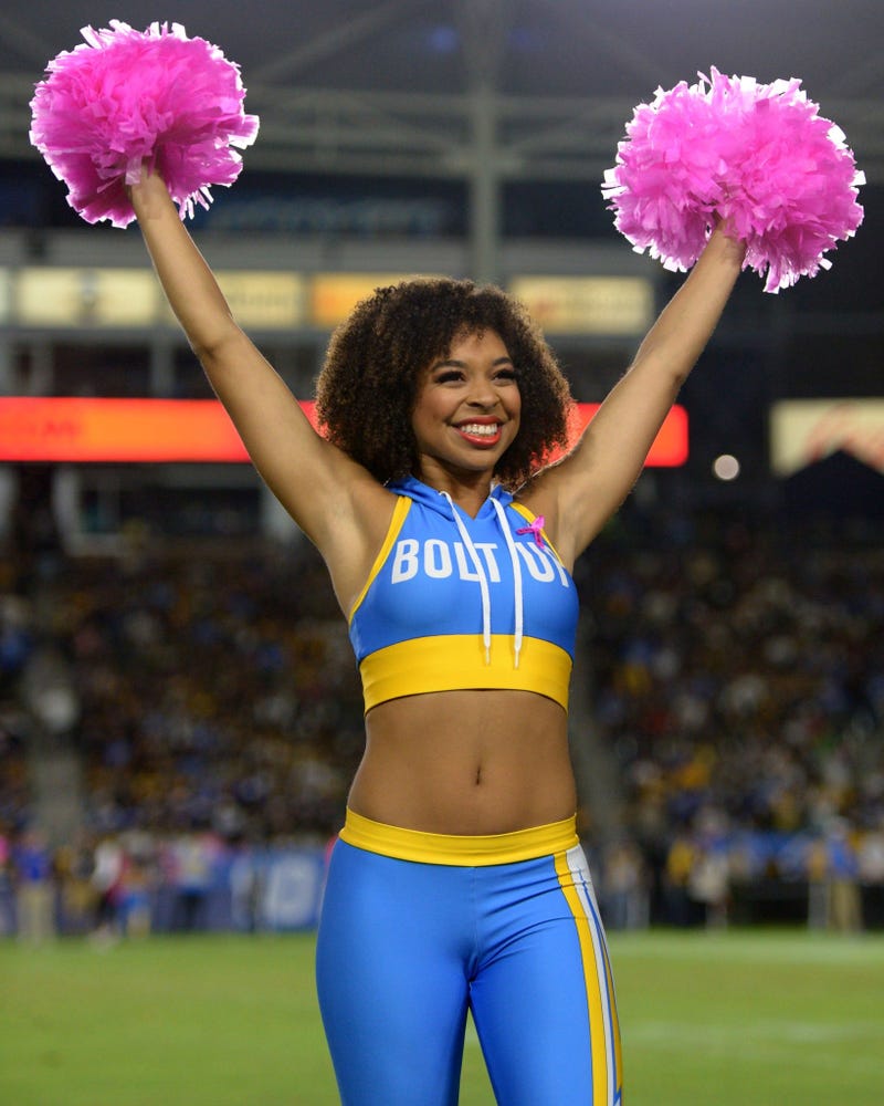 Oct 13, 2019; Carson, CA, USA; A Los Angeles Chargers cheerleader cheers during the fourth quarter against the Pittsburgh Steelers at Dignity Health Sports Park. Mandatory Credit: Jake Roth-USA TODAY Sports