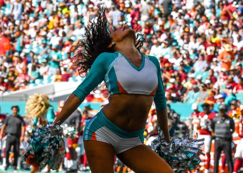 Oct 13, 2019; Miami Gardens, FL, USA; Miami Dolphins cheerleader performs against the Washington Redskins at Hard Rock Stadium. Mandatory Credit: Steve Mitchell-USA TODAY Sports