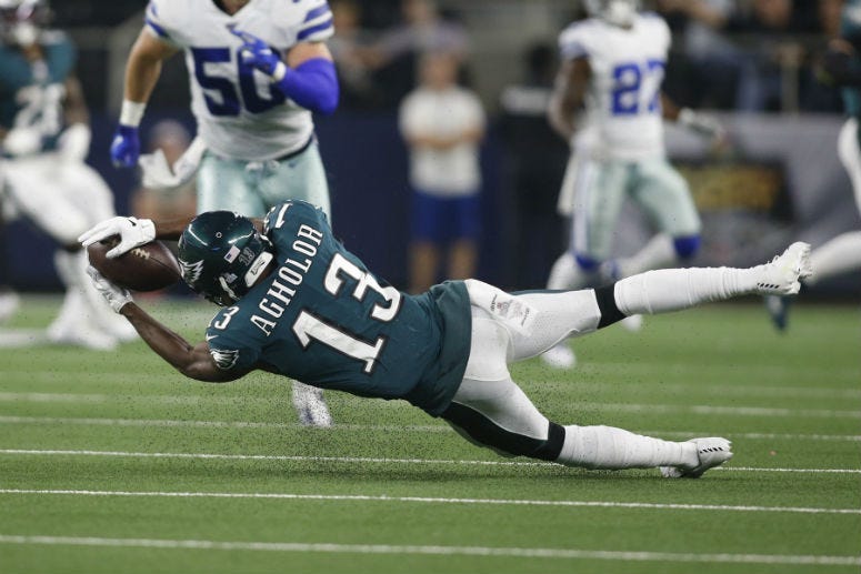 Philadelphia Eagles wide receiver Nelson Agholor (13) catches a pass in the third quarter against the Dallas Cowboys at AT&T Stadium.
