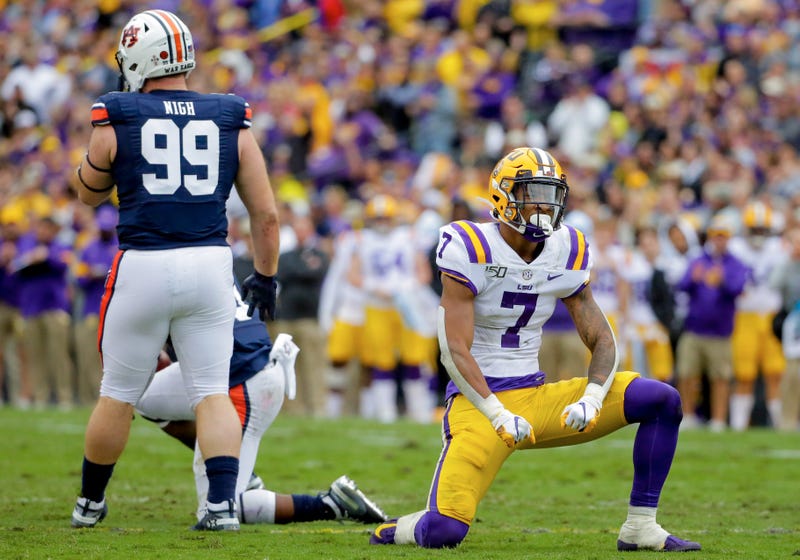 LSU Tigers safety Grant Delpit (7) reacts after a defensive stop against the Auburn Tigers during the first half at Tiger Stadium.