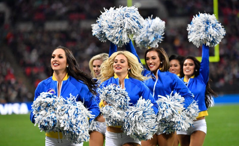 Oct 27, 2019; London, United Kingdom; Los Angeles Rams cheerleaders perform during the second half of the game between the Los Angeles Rams and the Cincinnati Bengals during an NFL International Series game at Wembley Stadium. Mandatory Credit: Steve Flyn