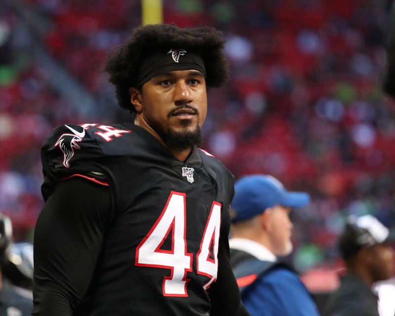 Oct 27, 2019; Atlanta, GA, USA; Atlanta Falcons defensive end Vic Beasley (44) looks on from the sideline in the second quarter against the Seattle Seahawks at Mercedes-Benz Stadium. Mandatory Credit: Jason Getz-USA TODAY Sports