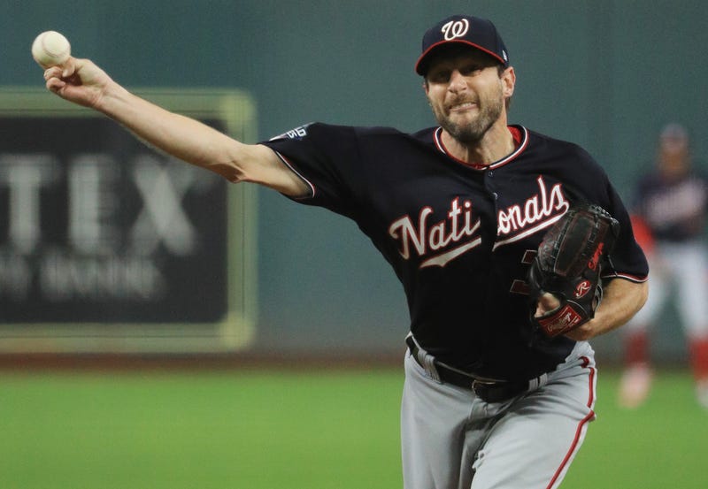 Washington Nationals pitcher Max Scherzer (31) throws a pitch against the Houston Astros during the first inning in game seven of the 2019 World Series at Minute Maid Park. 