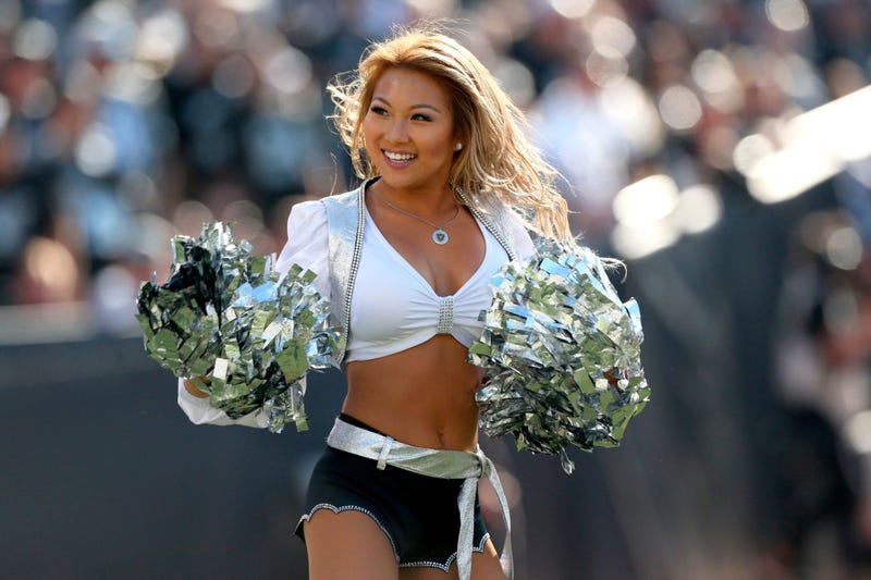 Nov 3, 2019; Oakland, CA, USA; A cheerleader from the Oakland Raiderettes performs during a timeout between the Oakland Raiders and the Detroit Lions in the second quarter at Oakland Coliseum. Mandatory Credit: Cary Edmondson-USA TODAY Sports
