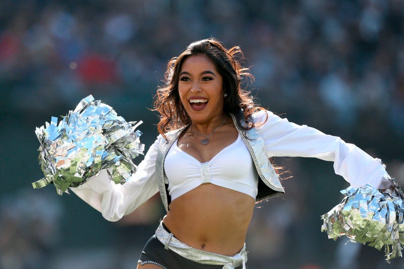 Nov 3, 2019; Oakland, CA, USA; A cheerleader from the Oakland Raiderettes performs during a timeout between the Oakland Raiders and the Detroit Lions in the second quarter at Oakland Coliseum. Mandatory Credit: Cary Edmondson-USA TODAY Sports