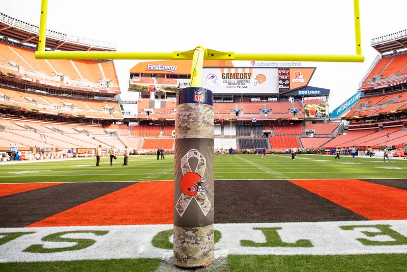 Nov 10, 2019; Cleveland, OH, USA; The Cleveland Browns and NFL Salute to Service emblem wraps the goal post for the game against the Buffalo Bills at FirstEnergy Stadium. Mandatory Credit: Scott R. Galvin-USA TODAY Sports