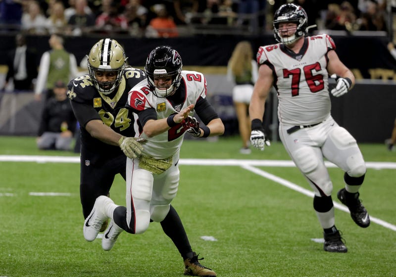 Nov 10, 2019; New Orleans, LA, USA; New Orleans Saints defensive end Cameron Jordan (94) hits Atlanta Falcons quarterback Matt Ryan (2) as he throws during the first half at the Mercedes-Benz Superdome. Mandatory Credit: Derick E. Hingle-USA TODAY Sports