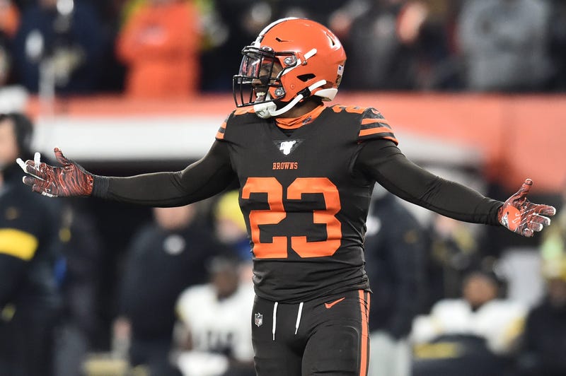 Nov 14, 2019; Cleveland, OH, USA; Cleveland Browns free safety Damarious Randall (23) reacts after being ejected during the second half against the Pittsburgh Steelers at FirstEnergy Stadium.