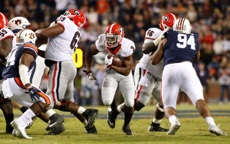 Nov 16, 2019; Auburn, AL, USA; Georgia Bulldogs tailback Zamir White (3) carries against the Auburn Tigers during the third quarter at Jordan-Hare Stadium. Mandatory Credit: John Reed-USA TODAY Sports
