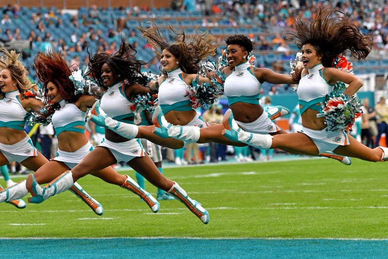 Nov 17, 2019; Miami Gardens, FL, USA; Miami Dolphins cheerleaders perform during the second half against the Buffalo Bills at Hard Rock Stadium. Mandatory Credit: Steve Mitchell-USA TODAY Sports