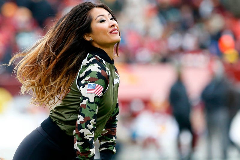 Nov 17, 2019; Landover, MD, USA; A Washington Redskins cheerleader dances on the field during a timeout against the New York Jets in the second quarter at FedExField. Mandatory Credit: Geoff Burke-USA TODAY Sports