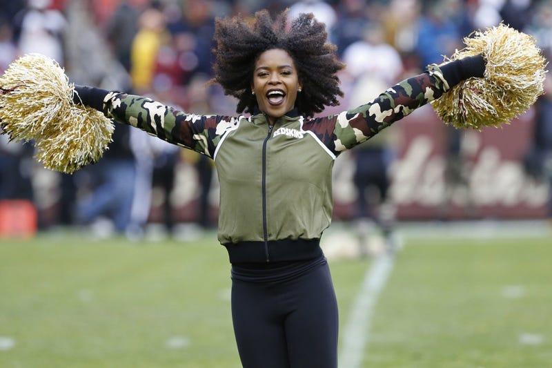 Nov 17, 2019; Landover, MD, USA; A Washington Redskins cheerleader dances on the field during a timeout against the New York Jets in the fourth quarter at FedExField. Mandatory Credit: Geoff Burke-USA TODAY Sports