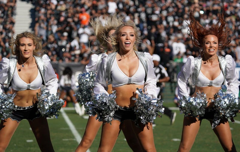 Nov 17, 2019; Oakland, CA, USA; Oakland Raiders raiderette cheerleaders dance in the first half against the Cincinnati Bengals at Oakland-Alameda County Coliseum. Mandatory Credit: Kirby Lee-USA TODAY Sports