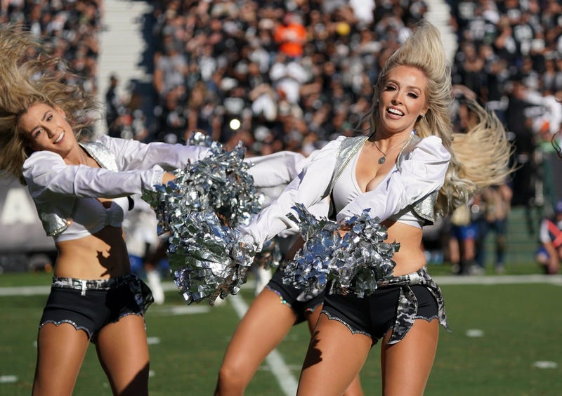 Nov 17, 2019; Oakland, CA, USA; Oakland Raiders raiderette cheerleaders dance in the first half against the Cincinnati Bengals at Oakland-Alameda County Coliseum. Mandatory Credit: Kirby Lee-USA TODAY Sports