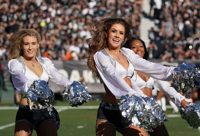 Nov 17, 2019; Oakland, CA, USA; Oakland Raiders raiderette cheerleaders dance in the first half against the Cincinnati Bengals at Oakland-Alameda County Coliseum. Mandatory Credit: Kirby Lee-USA TODAY Sports