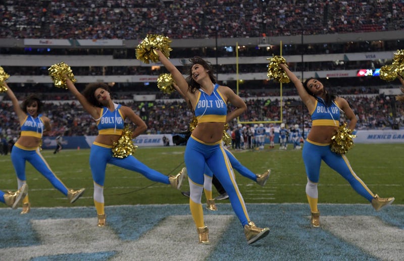 Nov 18, 2019; Mexico City, MEX; Los Angeles Chargers girls cheerleaders perform in the second quarter against the Kansas City Chiefs during an NFL International Series game at Estadio Azteca. The Chiefs defeated the Chargers 24-17. Mandatory Credit: Kirby