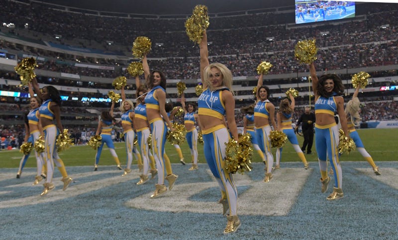 Nov 18, 2019; Mexico City, MEX; Los Angeles Chargers girls cheerleaders perform in the second quarter against the Kansas City Chiefs during an NFL International Series game at Estadio Azteca. The Chiefs defeated the Chargers 24-17. Mandatory Credit: Kirby