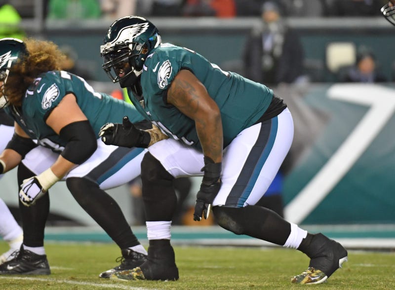 Nov 17, 2019; Philadelphia, PA, USA; Philadelphia Eagles offensive tackle Jason Peters (71) prepares for the snap against the New England Patriots at Lincoln Financial Field.