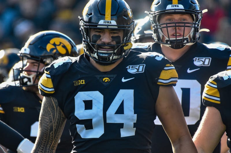 Nov 23, 2019; Iowa City, IA, USA; Iowa Hawkeyes defensive end A.J. Epenesa (94) enters the field before the game against the Illinois Fighting Illini at Kinnick Stadium. Mandatory Credit: Jeffrey Becker-USA TODAY Sports