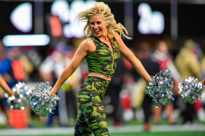 Nov 24, 2019; Atlanta, GA, USA; An Atlanta Falcons cheerleader performs during the game against the Tampa Bay Buccaneers during the first half at Mercedes-Benz Stadium. Mandatory Credit: Dale Zanine-USA TODAY Sports