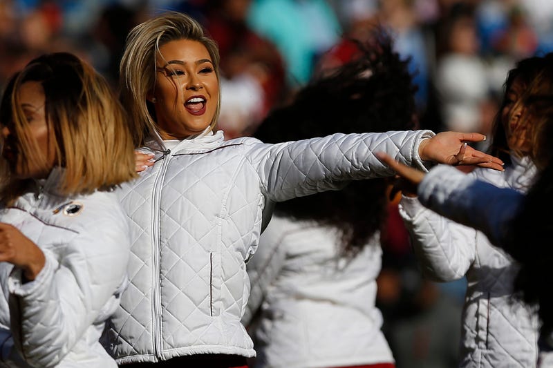 Nov 24, 2019; Landover, MD, USA; Washington Redskins cheerleaders dance on the field during a timeout against the Detroit Lions in the second quarter at FedExField. Mandatory Credit: Geoff Burke-USA TODAY Sports