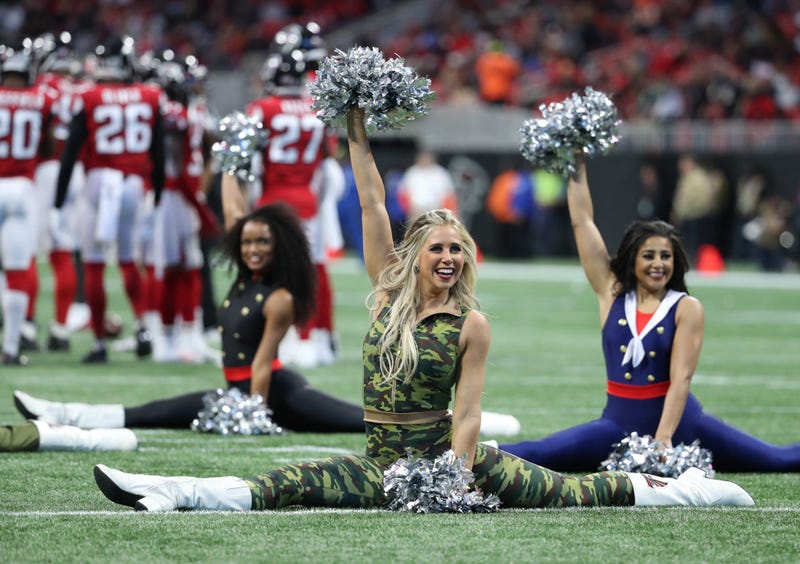 Nov 24, 2019; Atlanta, GA, USA; Atlanta Falcons cheerleaders perform during the Atlanta Falcons' game against the Tampa Bay Buccaneers at Mercedes-Benz Stadium. Mandatory Credit: Jason Getz-USA TODAY Sports