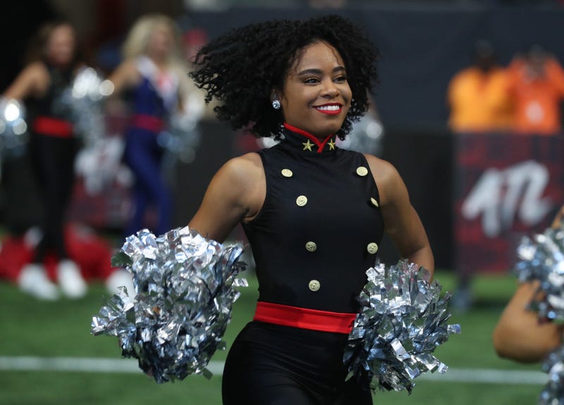 Nov 24, 2019; Atlanta, GA, USA; Atlanta Falcons cheerleaders run onto the field before the Atlanta Falcons' game against the Tampa Bay Buccaneers at Mercedes-Benz Stadium. Mandatory Credit: Jason Getz-USA TODAY Sports