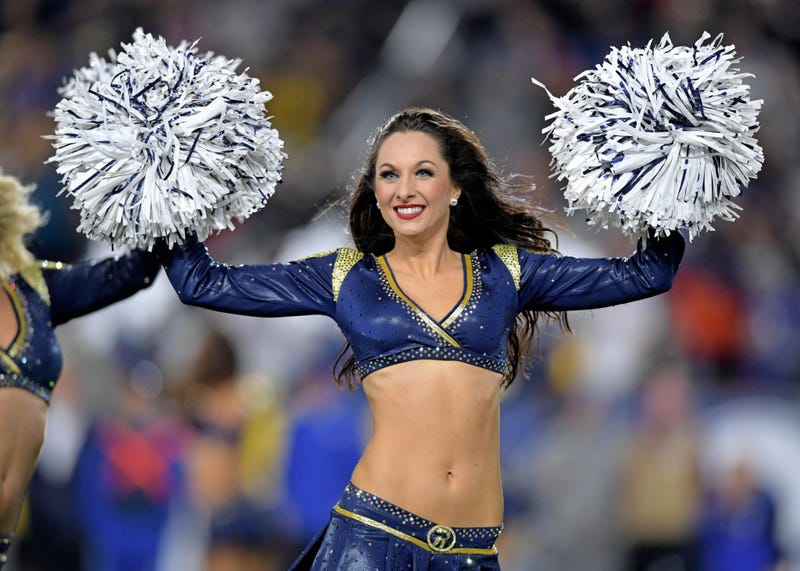 Nov 25, 2019; Los Angeles, CA, USA; A Los Angeles Rams cheerleader performs against the Baltimore Ravens during the first half at Los Angeles Memorial Coliseum. Mandatory Credit: Kirby Lee-USA TODAY Sports